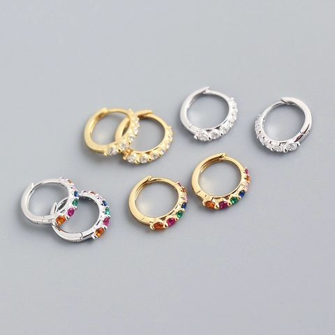Orecchini a Cerchio Minimalisti in Argento Sterling S925 per Donna Stile Francese Intarsiati con Strass Multicolore Gioielli Design Geometrico