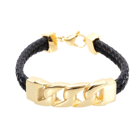 Bracciale Da Uomo In Pelle Intrecciata Con Catena In Acciaio Inossidabile Dorato Gioielli Punk