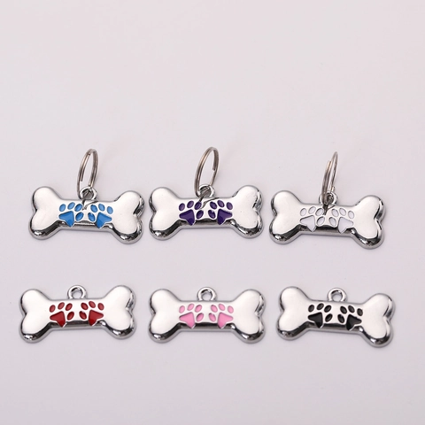 Bone Shape Pet ID Tag Zinc Alloy Metal With Paw Print Pattern For Dogs And Cats Collar Accessory Pendant
