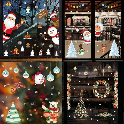 Pegatinas Ventana Navidad PVC Estático Papá Noel Muñeco De Nieve Reno Copo De Nieve Cristal Puerta Escaparate Decoración
