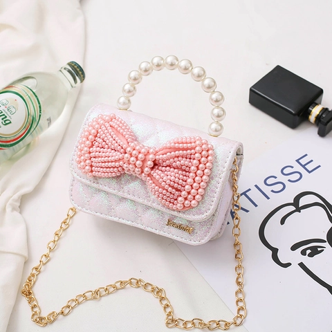 Mini Borsa A Tracolla Da Ragazza Fiocco Di Künstliche Perle Pelle PU Trapuntata Borsa A Mano Manico Di Perla Artificial Glitter Principessa