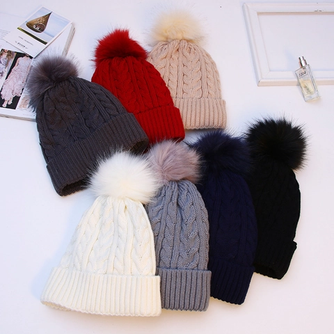 Women Winter Cable Knit Beanie Fleece Lined Warm Thick Soft Acrylic Hat With Faux Fur Pom Pom Outdoor Slouchy Style