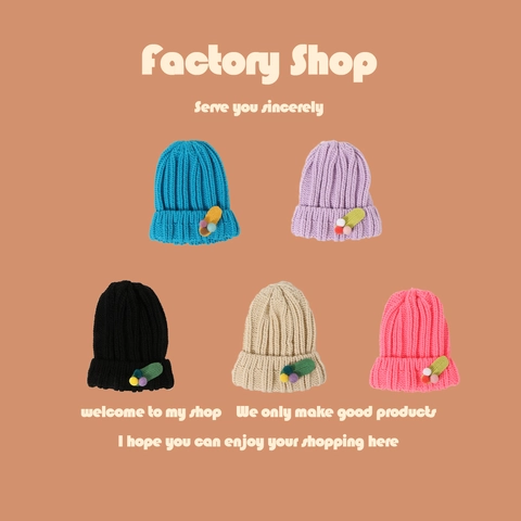 Winter Knitted Beanie Thick Yarn Warm Thermal Outdoor Solid Color Decorative Colorful Pom Poms And Leaf Patch For Kids