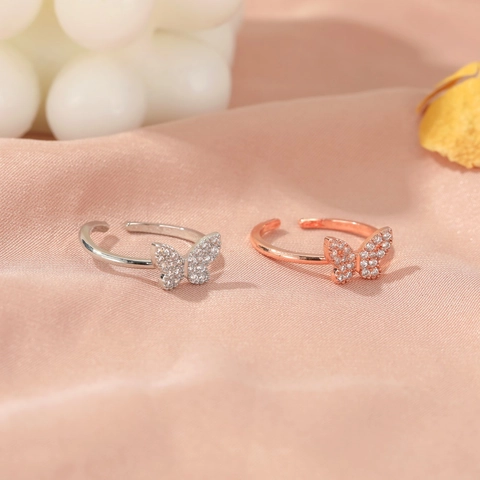 Anillo Regolabile Farfalla Rame Zirconia Cubica Elegante Gioielli Per Donne Tonalità Oro Rosa Argento