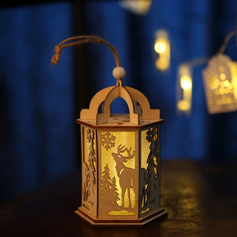 Christmas Wooden Hanging Lantern Ornament LED Warm Light Hollow Reindeer Snowflake Nativity Scene Home Party Window Decor Rustic