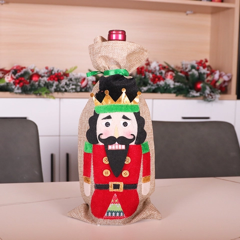 Christmas Nutcracker Soldier Wine Bottle Cover Linen Burlap Holiday Table Decoration Party Favor Gift Bag Drawstring