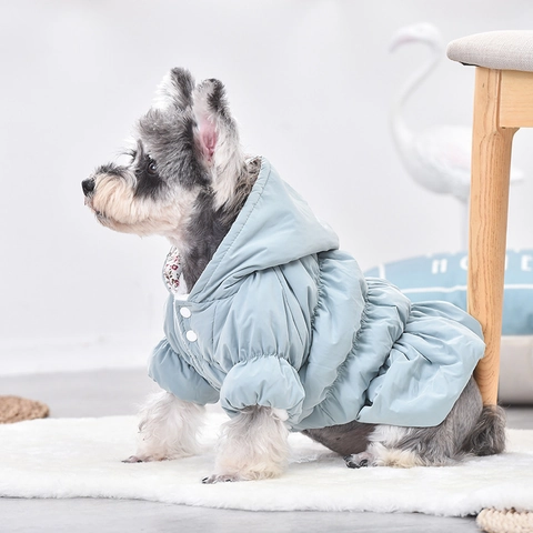 Cappotto Vestito Imbottito Invernale Cane Cappuccio Caldo Fodera Floreale Flanella Cotone Vestiti Per Cani Piccoli Cuccioli Rosa Blu
