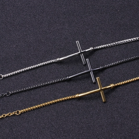 Stainless Steel Cross Bracelet For Men Religious Christian Curved Cross Spiga Chain Jewelry Gothic Biker Style