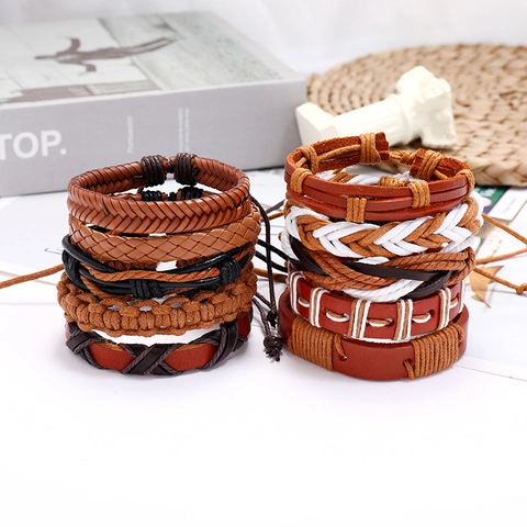 Bracelet Corde Cuir Tressé Peau Vache Chanvre Multi-rangs Ajustable Vintage Rétro Style Punk Hommes Femmes