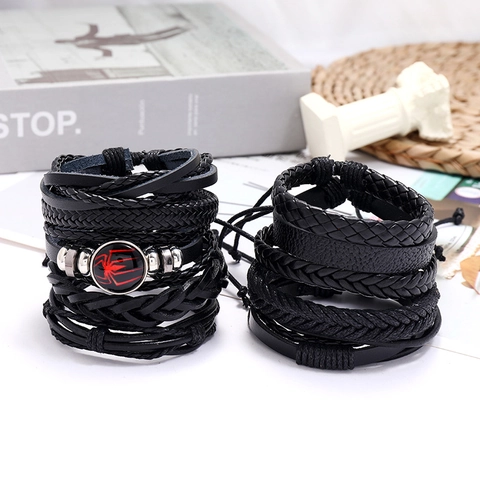 Vintage Geweven Leren Armband Voor Heren Dames Punk Gevlochten Touw Meerlagige Wikkelarmband Met Spin Schedel Bedel Sieraden