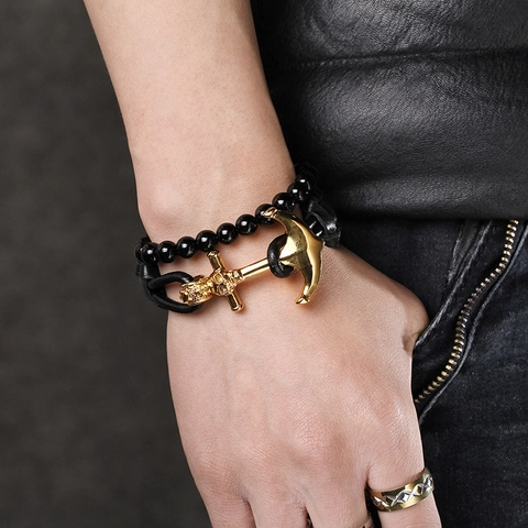 Men Woven Leather Bracelet With Gold Titanium Steel Anchor Skull Buckle Punk Nautical Style Jewelry
