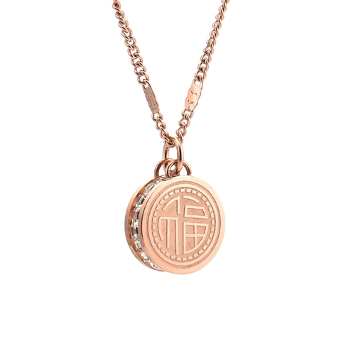 Titanium Steel Round Pendant Necklace Zirconia Inlaid Chinese Character Fu Good Fortune Clavicle Chain Women