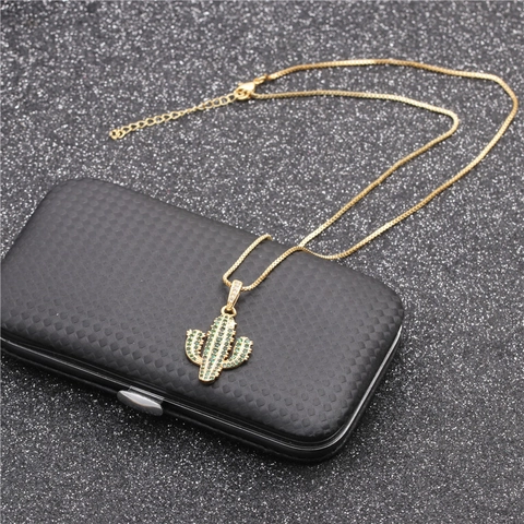 Western Style Copper Cactus Pendant Necklace With Micro Pave Zirconia Jewelry For Women Men Gold Color Box Chain Gift