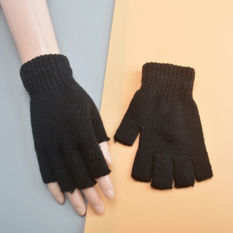 Knitted Half Finger Gloves Wool Blend Warm Winter Fingerless Solid Color Stretchy Ribbed Cuff Unisex
