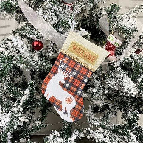 Calza Di Natale Lino Iuta Quadri Renna Fiocco Di Neve Benvenuto Ricamo Decorazione Sospesa Albero Sacchetto Regalo