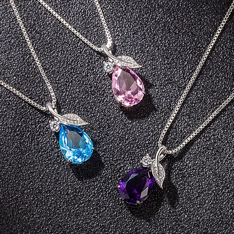 Korean Style Copper Leaf Waterdrop Pendant Necklace Elegant Pink Blue Purple Rhinestone Clavicle Chain For Women Jewelry