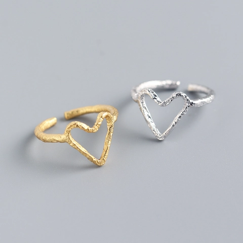 S925 Sterling Silver Heart Open Ring For Women Adjustable Irregular Tin Foil Texture Minimalist Jewelry Ins Style