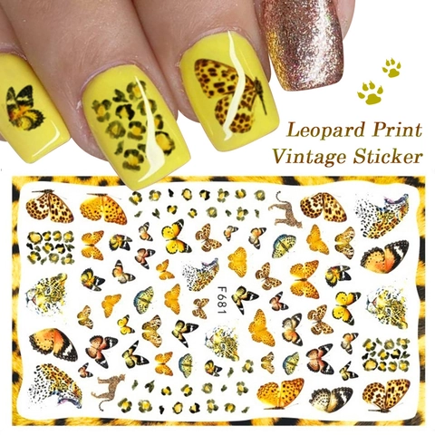 Rétro Fleur Papillon Imprimé Léopard Autocollants Ongles 3D Auto-adhésifs Décalcomanies Pour DIY Décoration Femme Accessoires Manucure Beauté