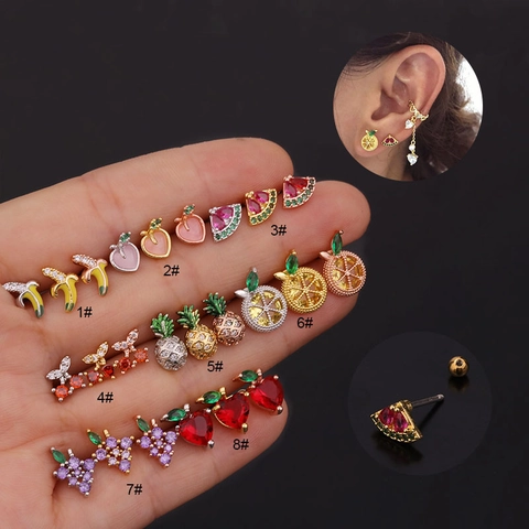 Fruit Stud Earrings Copper Zircon Stainless Steel Screw Back Helix Cartilage Piercing Jewelry For Women Girls Cute