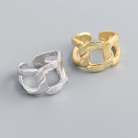 925 Sterling Silber Verstellbarer Ring Für Damen Herren Klobige Kettentextur Zinnfolienoberfläche Offenes Design Retro Schmuck