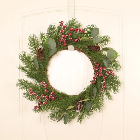 Weihnachtskranz Künstlicher Eukalyptus Rote Beeren Kiefernzapfen Tannennadeln Haustür Dekoration Festliches Ornament
