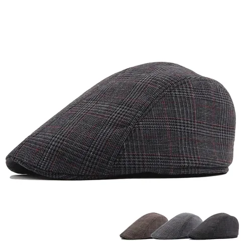 British Style Plaid Beret Hat Men Cotton Polyester Blend Retro Flat Cap Sun Protection Casual Ivy Cap