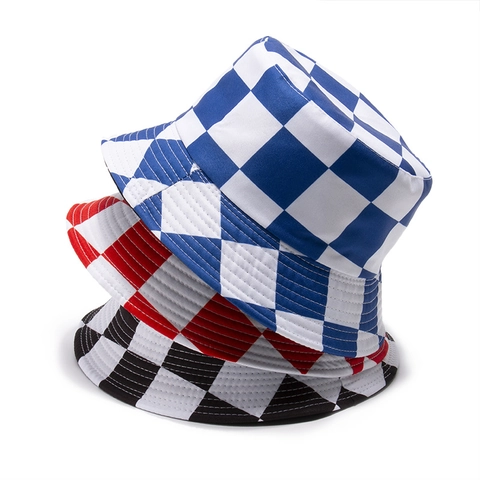 Fischerhut Mit Schachbrettmuster Polyester Sonnenschutz Faltbar Hip Hop Streetwear Style Für Damen Herren
