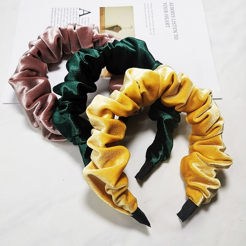 Velvet Pleated Ruched Headband Wide Solid Color Retro Hair Hoop Accessories For Women