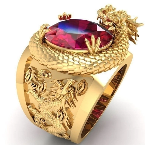 Anillo De Dragón Vintage Para Hombre Con Gran Diamante De Imitación Rojo Ovalado Aleación Motivo De Animal Tallado
