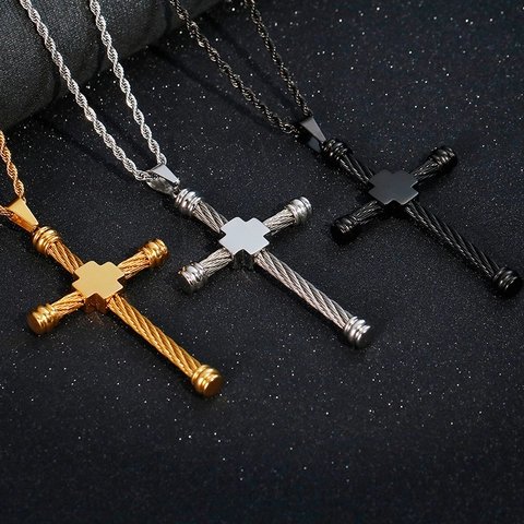 Hip Hop Kreuz Anhänger Halskette Edelstahl Gedrehte Kabelstruktur Industrie Punk Schmuck Für Herren
