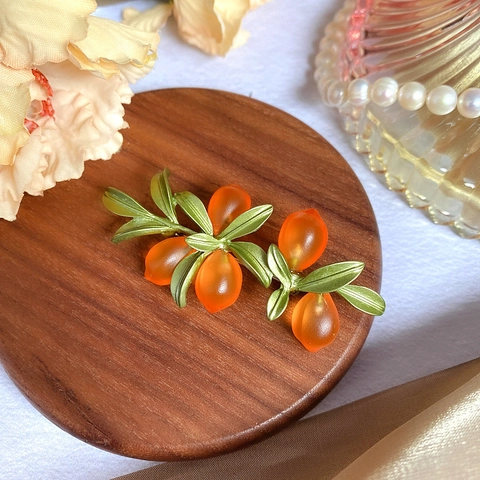 Broche Fruit Orange Vintage Alliage Verre Feuilles Vertes Style Pastoral Bijoux Élégants Pour Femmes