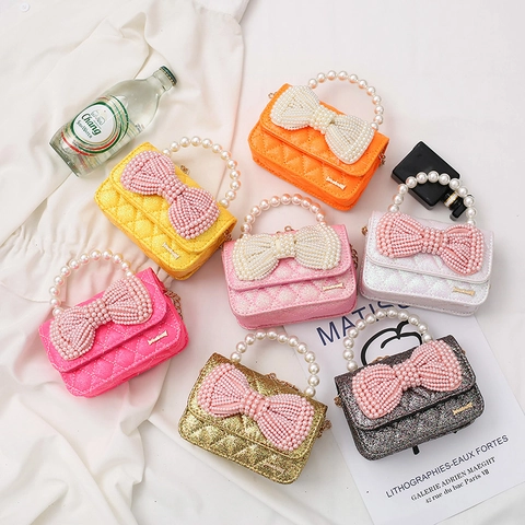 Mini Borsa A Tracolla Da Ragazza Fiocco Di Künstliche Perle Pelle PU Trapuntata Borsa A Mano Manico Di Perla Artificial Glitter Principessa