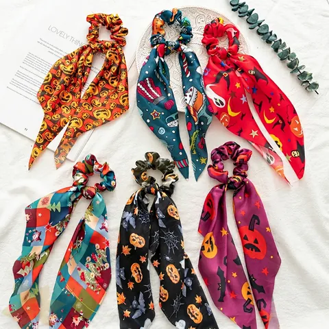 Coleteros De Pelo Satén Bufanda Halloween Navidad Estampado Cintas Elásticos Para El Cabello Soporte Coleta Accesorios