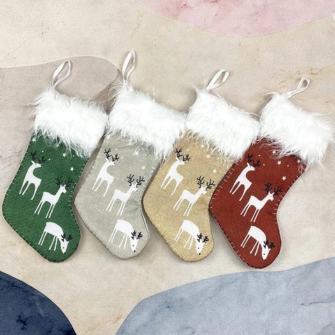 Piccola Calza Di Natale Lino Sacco Risvolto In Pelliccia Sintetica Bianca Stampa Renna Alce Ornamento Da Appendere Sacchetto Regalo Rustico