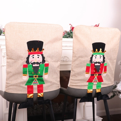 Christmas Nutcracker Soldier Chair Covers Faux Linen Burlap Holiday Dining Room Decor Festive Home Party Decoration