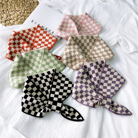Checkerboard Knitted Neckerchief Small Scarf For Women Winter Warm Checkered Cross Pull-Through Neck Warmer