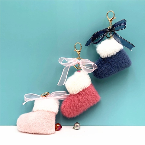 Llavero De Bota De Navidad Peluche Terciopelo Sintético Lazo Organza Aleación De Zinc Colgante Bolso Accesorio Invierno