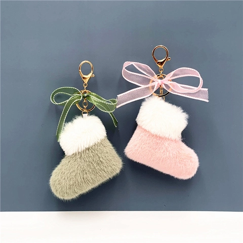 Llavero De Bota De Navidad Peluche Terciopelo Sintético Lazo Organza Aleación De Zinc Colgante Bolso Accesorio Invierno