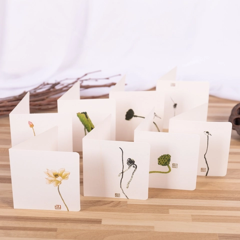 Chinese Style Greeting Cards Ink Painting Lotus Bird Zen Folded Paper Gift Cards For Festival Birthday Blessing