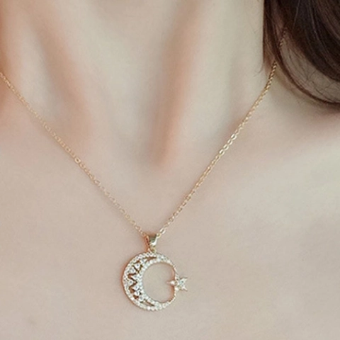 Collana Con Ciondolo Stella Luna Lega Zircone Strass Girocollo Per Donna Elegante Gioiello Regalo Oro Argento