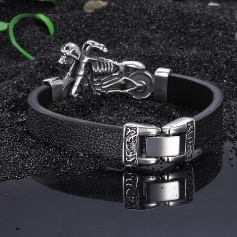Men Motorcycle Skull Leather Bracelet Stainless Steel Gothic Punk Rock Rider Jewelry Bangle