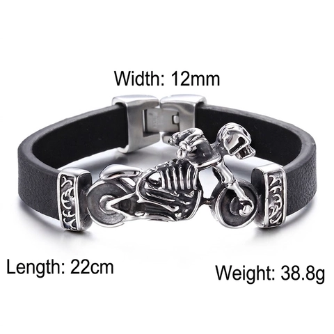 Men Motorcycle Skull Leather Bracelet Stainless Steel Gothic Punk Rock Rider Jewelry Bangle