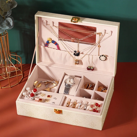 Jewelry Organizer Portable Multi Layer PU Leather Storage Case With Mirror And Lock For Rings Earrings Necklaces Watches