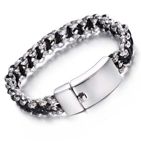 Heren Gevlochten Leren Touw Armband Roestvrij Staal Geweven Meerlaags Retro Punk Stijl Sieraden