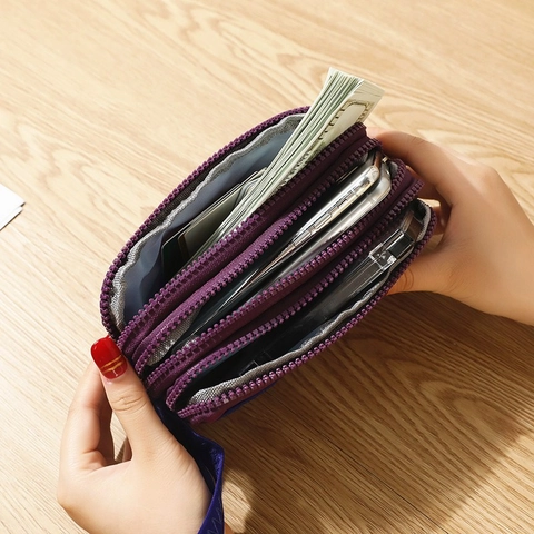 Nylon Triple Zipper Coin Purse Large Capacity Phone Pouch With Wrist Strap Water Resistant Street Style