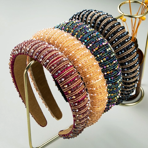 Baroque Crystal Beaded Headband For Women Retro Thick Padded Hair Band Handmade Rhinestone Hair Accessories Wedding Party Daily Jewelry