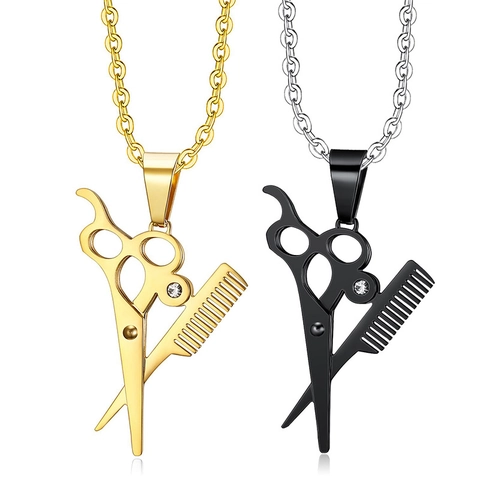 Scissor Comb Pendant Necklace Stainless Steel Rhinestone Barber Hair Stylist Hip Hop Personality Jewelry For Men Women