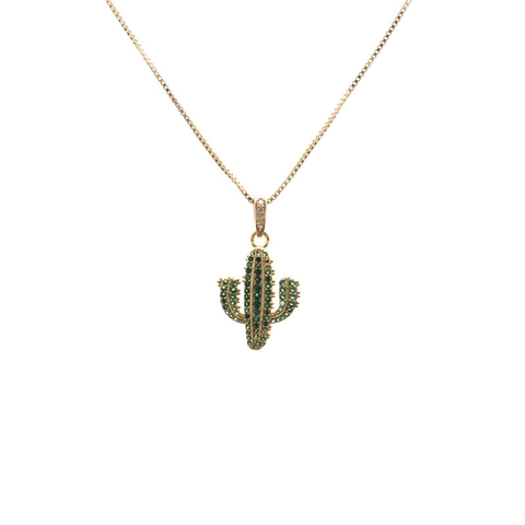 Collana con Pendente a Cactus in Rame Stile Occidentale con Micro Pavé di Zirconia Gioielli per Donna Uomo Colore Oro
