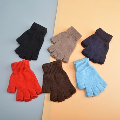 Knitted Half Finger Gloves Wool Blend Warm Winter Fingerless Solid Color Stretchy Ribbed Cuff Unisex