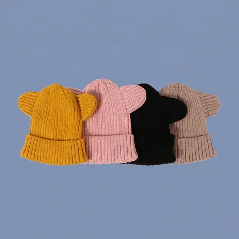 Kids Knitted Beanie Hat Cute Round Bear Ears Ribbed Warm Winter Cap For Boys And Girls Solid Color Polyester